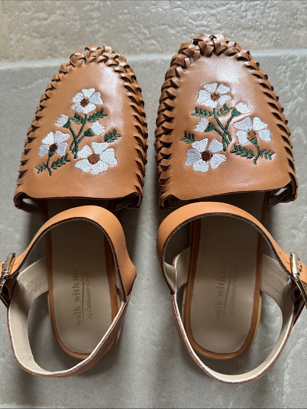 BRAND NEW Coldwater Creek Tan Leather Floral-Embroidered Slingback Mules